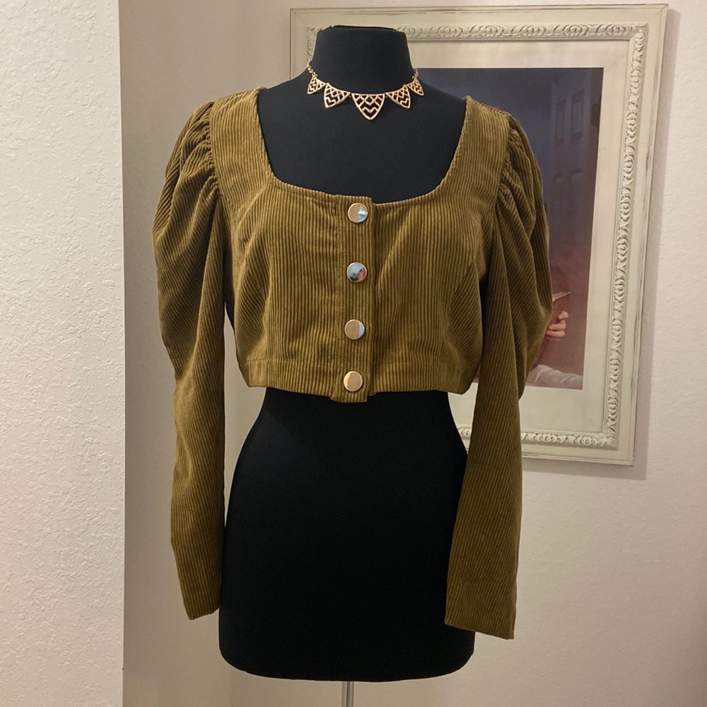 ZARA LONG SLEEVE CORDUROY LOOK BUTTON DOWN CROP TOP.